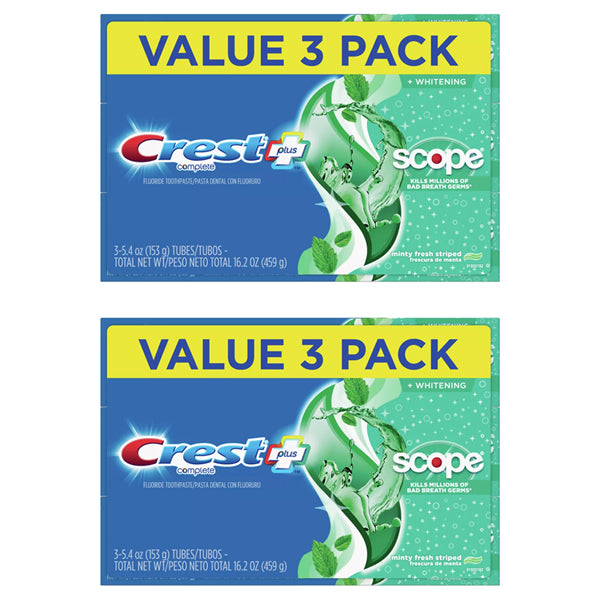 Two identical VALUE 3 PACK boxes of Crest + Scope Complete Whitening Toothpaste Minty Fresh (5.4oz, 3ct each) are stacked vertically, offering whitening and protection against bad breath germs.